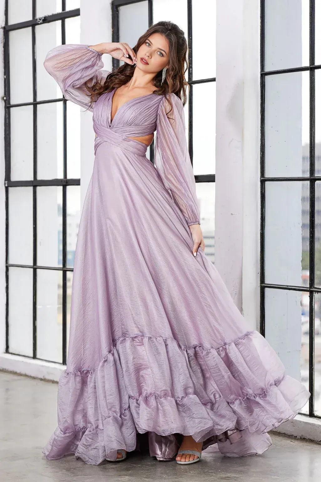 Ethereal A-Line V-Neck Bishop Sleeve Lace Up Back Floor Length Prom Dress
