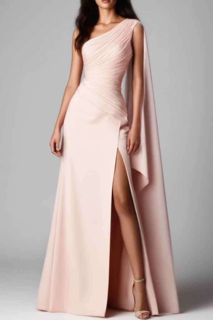Evening Dress Pink One Shoulder Cape Slit Floor-Length Dress simple gentle atmospheric and unique desi Bring summer colors to enhance whiteness