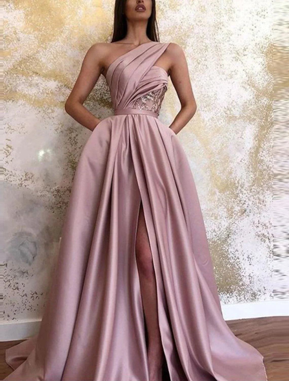 Evening Gown Celebrity Style Dress Formal Wedding Guest Floor Length Sleeveless One Shoulder Satin with Ruched simple gentle atmospheric and unique desi Bring summer colors to enhance whiteness