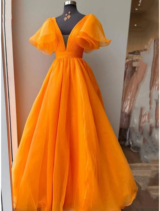 Evening Gown Celebrity Style Dress Wedding Party Floor Length Short Sleeve V Neck Fall Wedding Guest Organza with Pleats Ruffles simple gentle atmospheric and unique desi Bring summer colors to enhance whiteness