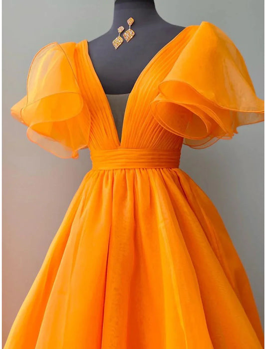 Evening Gown Celebrity Style Dress Wedding Party Floor Length Short Sleeve V Neck Fall Wedding Guest Organza with Pleats Ruffles simple gentle atmospheric and unique desi Bring summer colors to enhance whiteness
