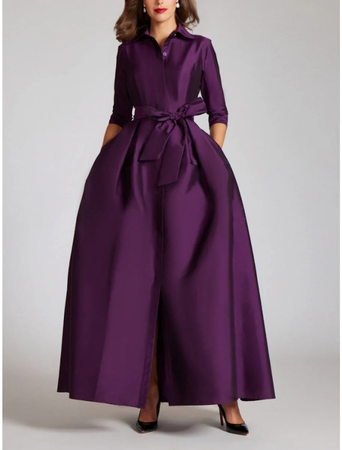 Evening Gown Champagne Gold Minimalist Black Red Green Dress Dress Formal Fall Floor Length Half Sleeve Shirt Collar with Bow(s) Pleats simple gentle atmospheric and unique desi Bring summer colors to enhance whiteness