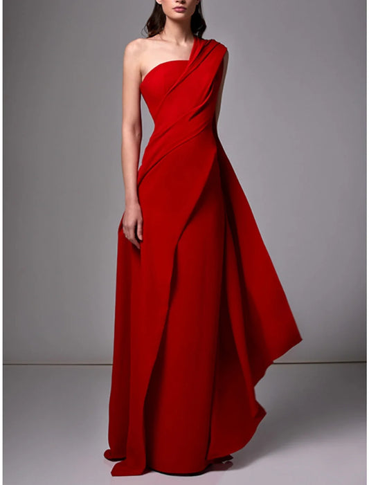 Evening Gown Christmas Red Green Dress Elegant Dress Formal Sweep / Brush Train Sleeveless One Shoulder Stretch Chiffon with simple gentle atmospheric and unique desi Bring summer colors to enhance whiteness