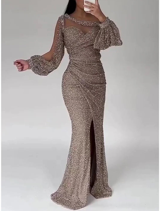 Evening Gown Christmas Red Green Dress Formal Sweep / Brush Train Long Sleeve Scoop Neck Sequined with Glitter Ruched Slit simple gentle atmospheric and unique desi Bring summer colors to enhance whiteness