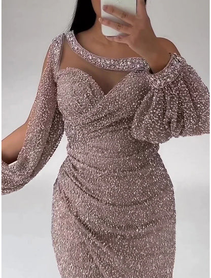 Evening Gown Christmas Red Green Dress Formal Sweep / Brush Train Long Sleeve Scoop Neck Sequined with Glitter Ruched Slit simple gentle atmospheric and unique desi Bring summer colors to enhance whiteness