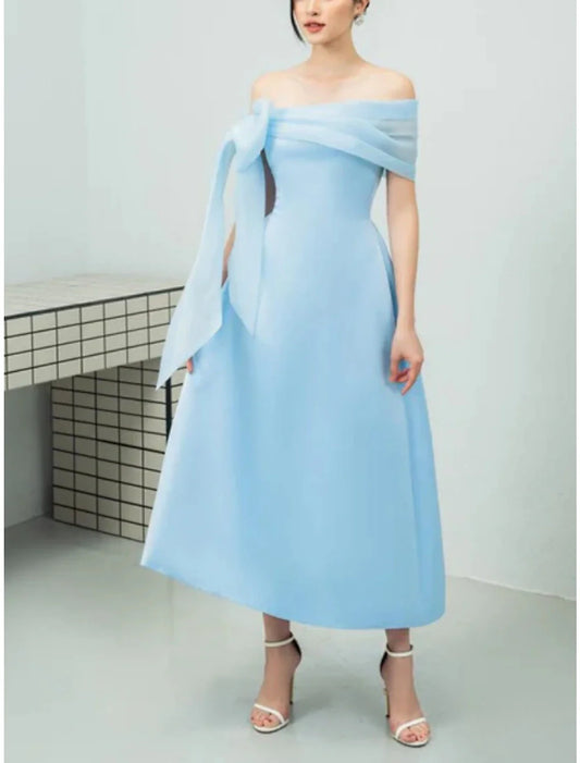 Evening Gown Elegant Dress Formal Ankle Length Short Sleeve Off Shoulder Imitation Silk with Bow(s) Pleats simple gentle atmospheric and unique desi Bring summer colors to enhance whiteness