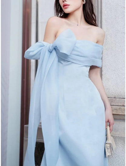 Evening Gown Elegant Dress Formal Ankle Length Short Sleeve Off Shoulder Imitation Silk with Bow(s) Pleats simple gentle atmospheric and unique desi Bring summer colors to enhance whiteness