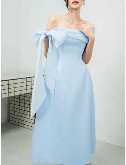 Evening Gown Elegant Dress Formal Ankle Length Short Sleeve Off Shoulder Imitation Silk with Bow(s) Pleats simple gentle atmospheric and unique desi Bring summer colors to enhance whiteness