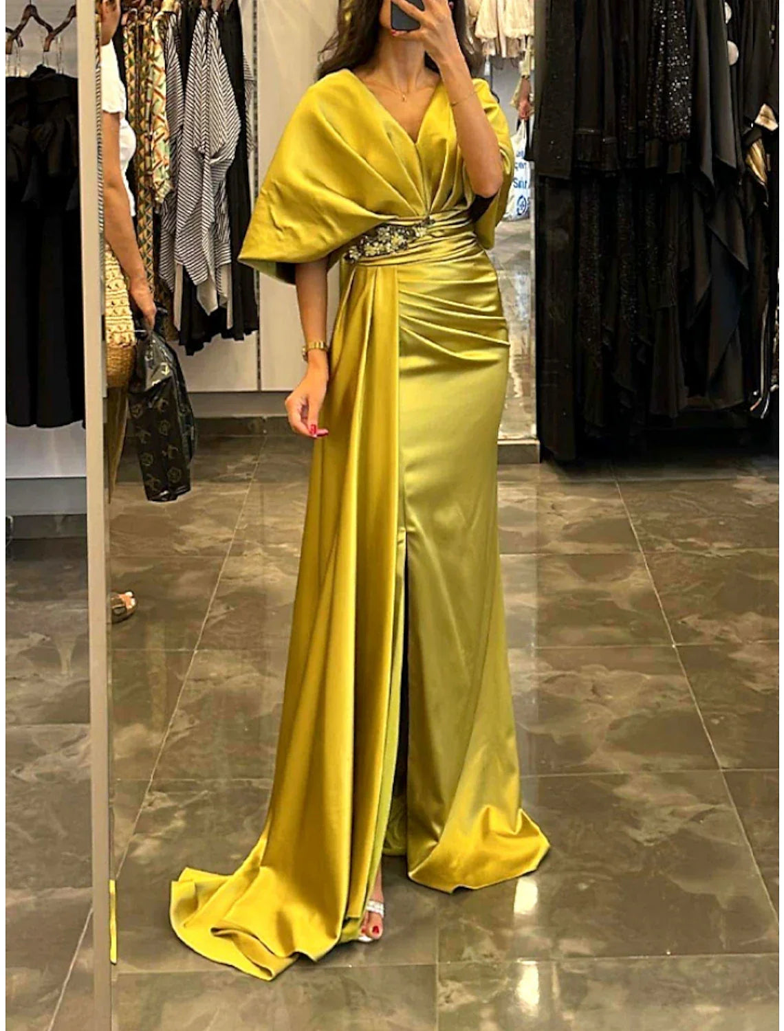 Evening Gown Elegant Dress Formal Christmas Sweep Brush Train Half Sleeve V Neck Satin with Pleats Ruched Crystals simple gentle atmospheric and unique desi Bring summer colors to enhance whiteness