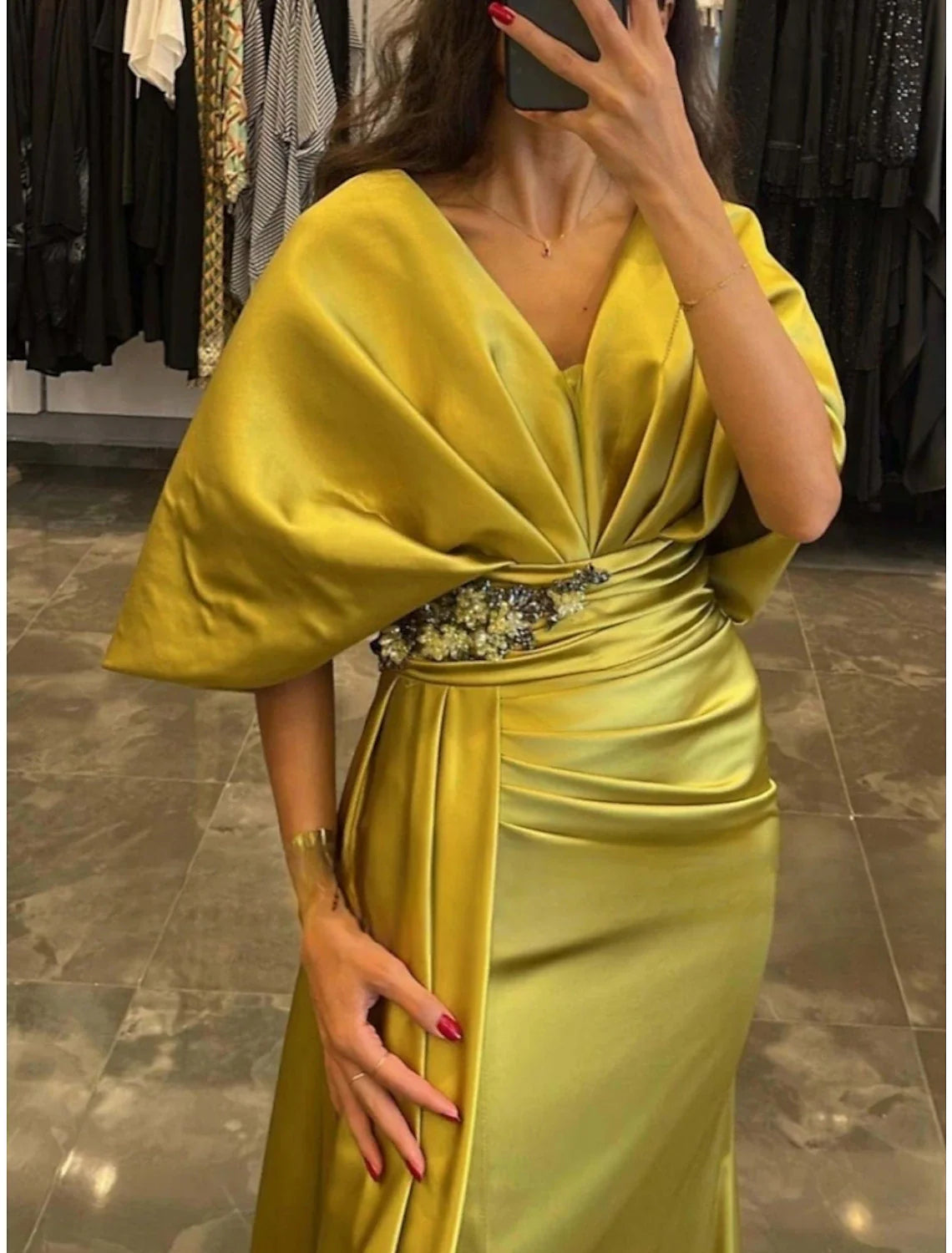 Evening Gown Elegant Dress Formal Christmas Sweep Brush Train Half Sleeve V Neck Satin with Pleats Ruched Crystals simple gentle atmospheric and unique desi Bring summer colors to enhance whiteness