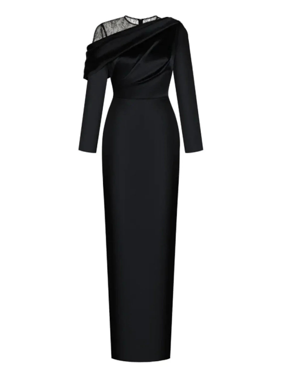Evening Gown Elegant Dress Formal Sweep / Brush Train Black Dress Long Sleeve Jewel Neck Satin with Ruched simple gentle atmospheric and unique desi Bring summer colors to enhance whiteness