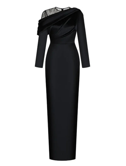 Evening Gown Elegant Dress Formal Sweep / Brush Train Black Dress Long Sleeve Jewel Neck Satin with Ruched simple gentle atmospheric and unique desi Bring summer colors to enhance whiteness