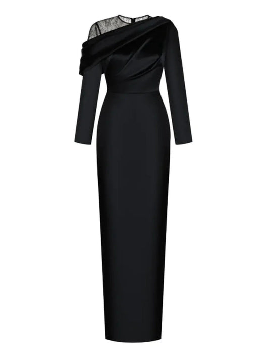 Evening Gown Elegant Dress Formal Sweep / Brush Train Black Dress Long Sleeve Jewel Neck Satin with Ruched simple gentle atmospheric and unique desi Bring summer colors to enhance whiteness