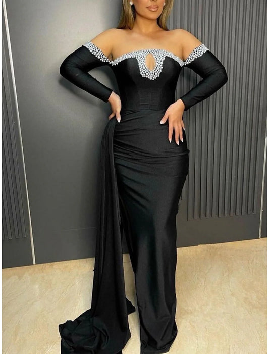 Evening Gown Elegant Dress Formal Sweep / Brush Train Black Dress Long Sleeve Off Shoulder Satin with Pleats Ruched Beading simple gentle atmospheric and unique desi Bring summer colors to enhance whiteness