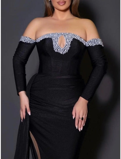 Evening Gown Elegant Dress Formal Sweep / Brush Train Black Dress Long Sleeve Off Shoulder Satin with Pleats Ruched Beading simple gentle atmospheric and unique desi Bring summer colors to enhance whiteness
