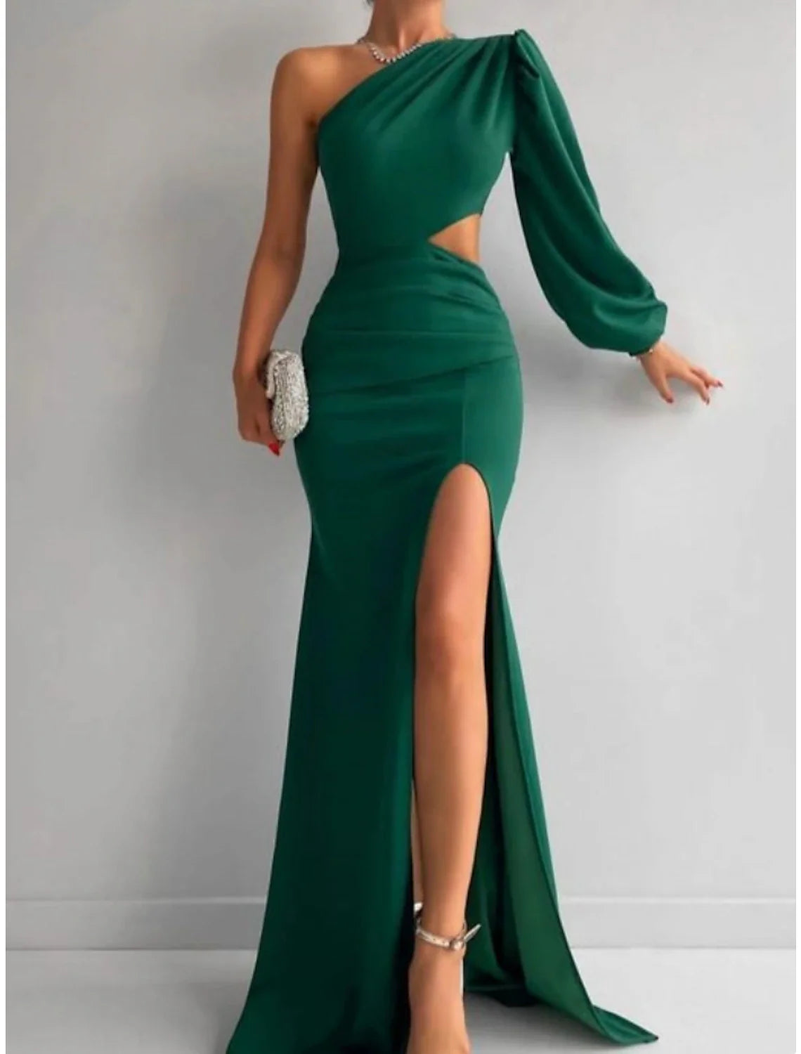 Evening Gown Elegant Dress Formal Sweep / Brush Train Christmas Red Green Dress Long Sleeve One Shoulder Stretch Fabric with Pleats Ruched Slit simple gentle atmospheric and unique desi Bring summer colors to enhance whiteness