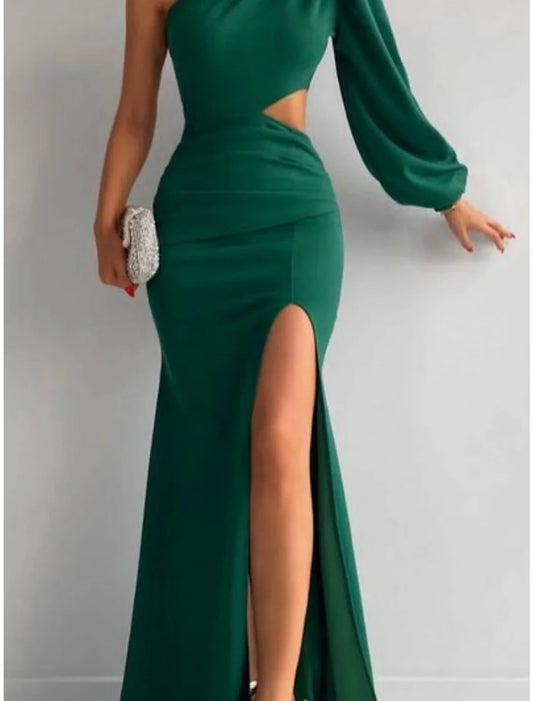 Evening Gown Elegant Dress Formal Sweep / Brush Train Christmas Red Green Dress Long Sleeve One Shoulder Stretch Fabric with Pleats Ruched Slit simple gentle atmospheric and unique desi Bring summer colors to enhance whiteness