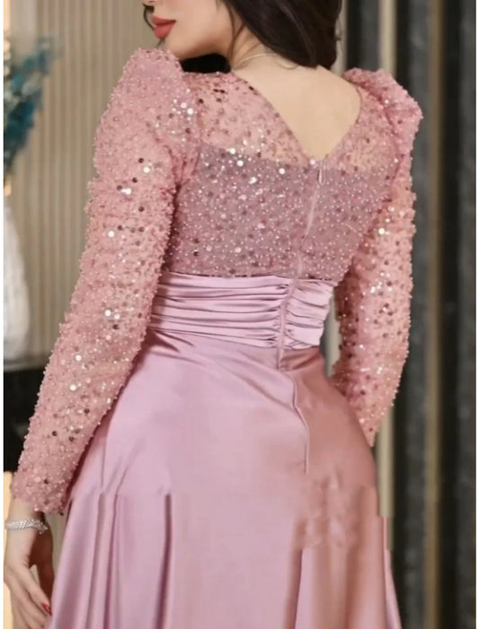 Evening Gown Elegant Dress Formal Sweep Brush Train Long Sleeve V Neck Satin with Pleats Ruched Sequin simple gentle atmospheric and unique desi Bring summer colors to enhance whiteness