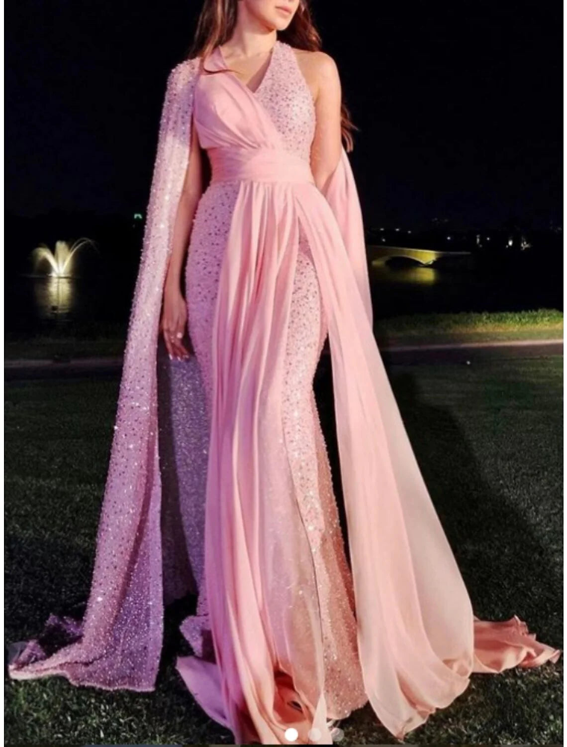 Evening Gown Elegant Dress Formal Sweep / Brush Train Long Sleeve V Neck Stretch Chiffon with Pleats Sequin simple gentle atmospheric and unique desi Bring summer colors to enhance whiteness