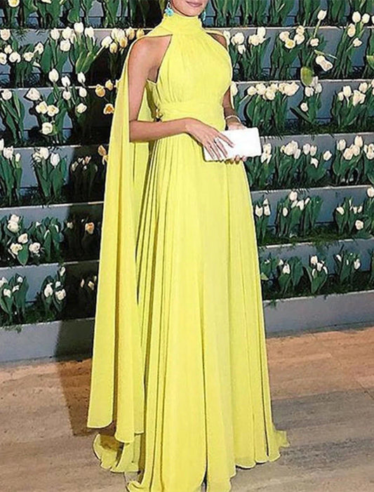 Evening Gown Elegant Dress Formal Wedding Guest Floor Length Sleeveless High Neck Capes Chiffon with Ruched simple gentle atmospheric and unique desi Bring summer colors to enhance whiteness