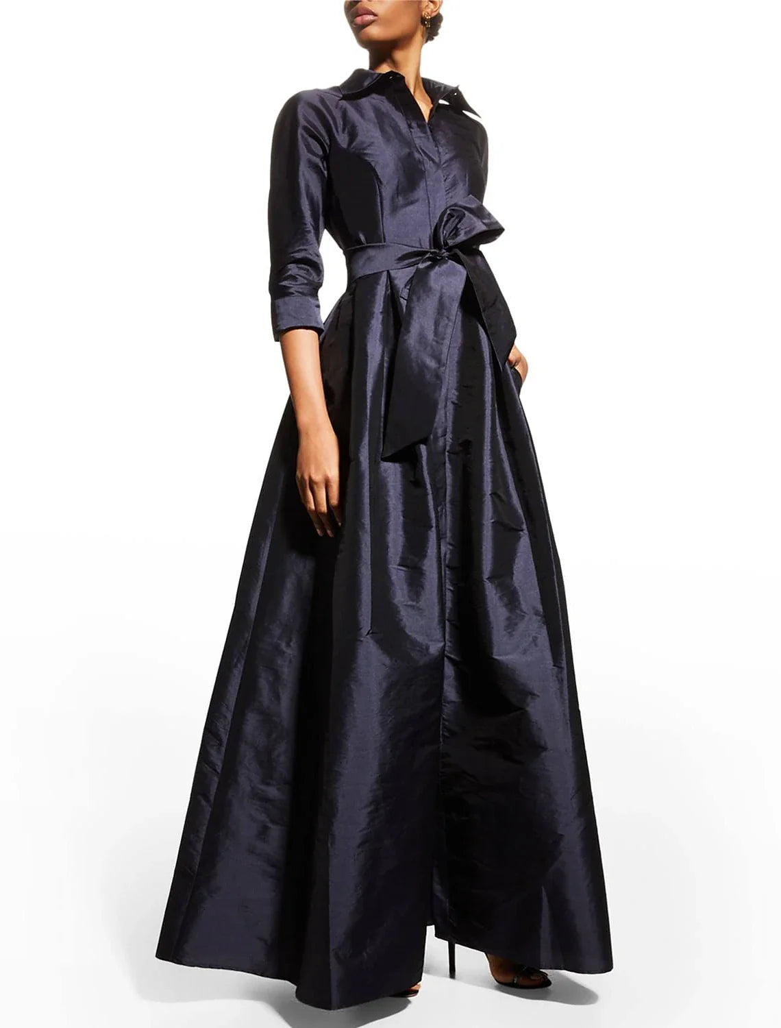 Evening Gown Elegant Dress Wedding Guest Floor Length 3/4 Length Sleeve Shirt Collar Pocket Taffeta with Pocket Strappy simple gentle atmospheric and unique desi Bring summer colors to enhance whiteness