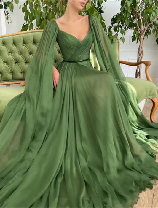 Evening Gown Elegant Dress Wedding Party Court Train Sleeveless V Neck Fall Wedding Guest Chiffon with Ruched simple gentle atmospheric and unique desi Bring summer colors to enhance whiteness