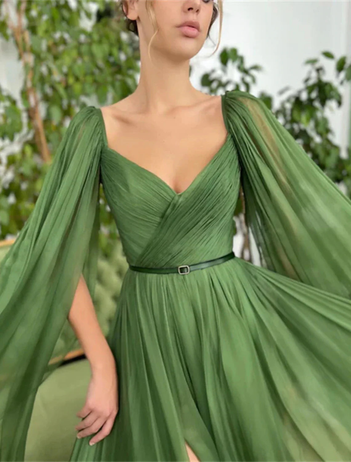 Evening Gown Elegant Dress Wedding Party Court Train Sleeveless V Neck Fall Wedding Guest Chiffon with Ruched simple gentle atmospheric and unique desi Bring summer colors to enhance whiteness