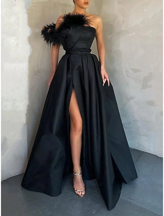 Evening Gown High Split Dress Formal Floor Length Sleeveless One Shoulder Satin with Feather Slit simple gentle atmospheric and unique desi Bring summer colors to enhance whiteness