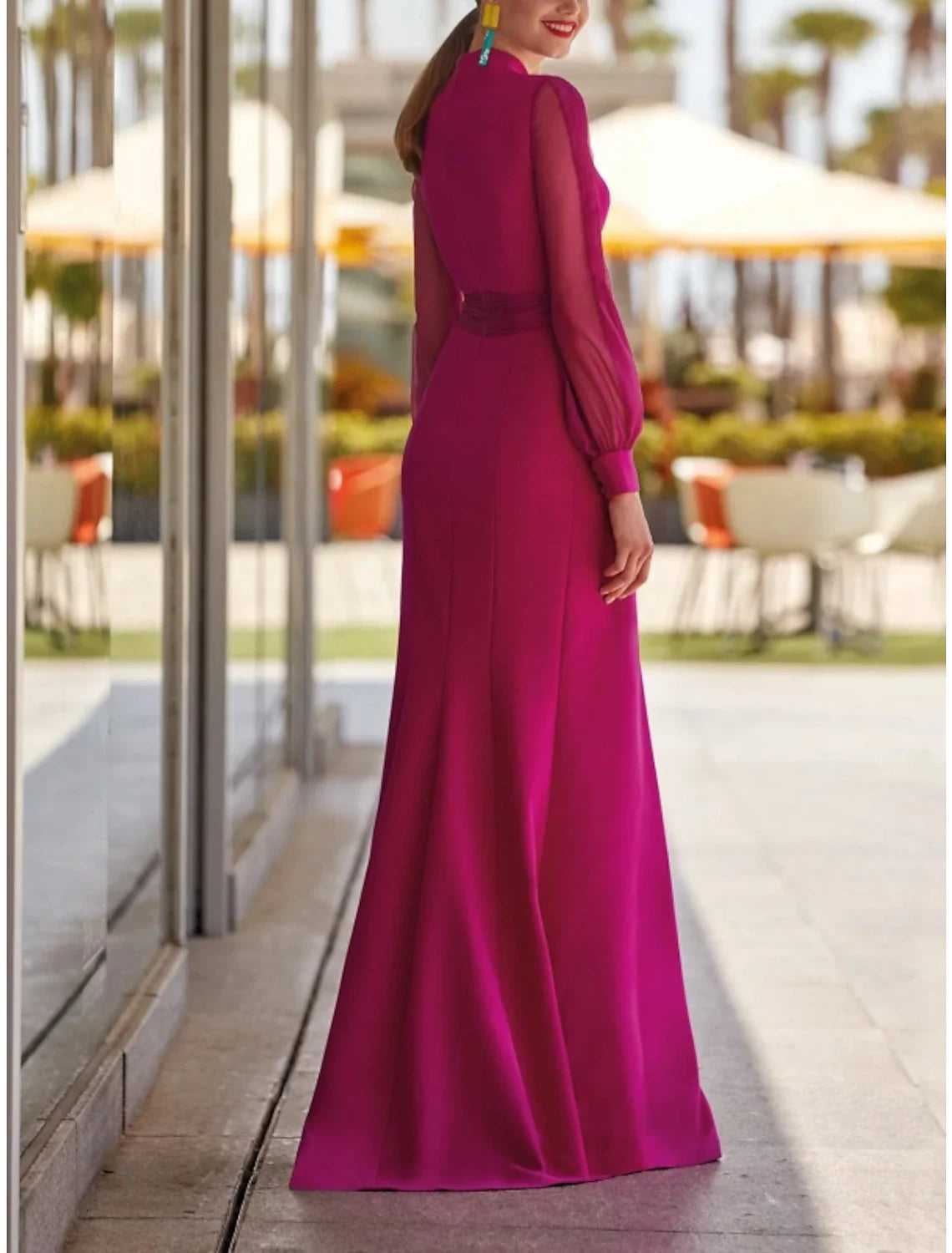 Evening Gown High Split Dress Formal Wedding Guest Floor Length Long Sleeve V Neck Chiffon with Slit Strappy simple gentle atmospheric and unique desi Bring summer colors to enhance whiteness