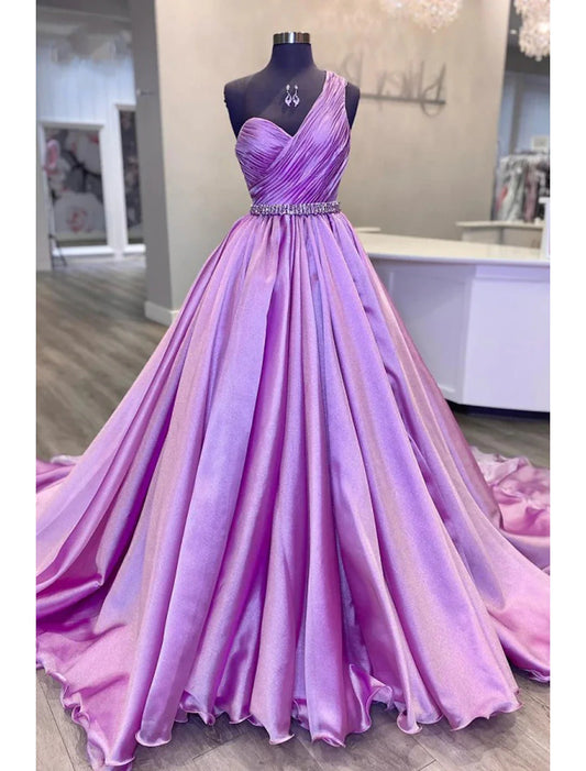 Evening Gown Luxurious Dress Wedding Party Court Train Sleeveless One Shoulder Belt Sash Charmeuse with Ruched Crystals simple gentle atmospheric and unique desi Bring summer colors to enhance whiteness