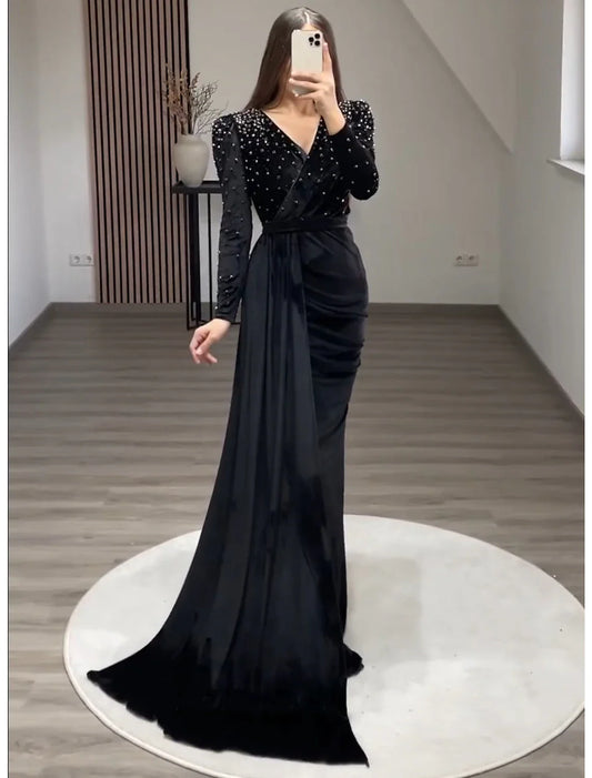 Evening Gown Maxi Dress Formal Black Tie Gala Floor Length Long Sleeve V Neck Fall Wedding Guest Velvet with Ruched Pearls simple gentle atmospheric and unique desi Bring summer colors to enhance whiteness