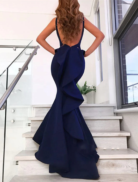 Evening Gown Open Back Dress Formal Wedding Guest Court Train Sleeveless V Neck Stretch Fabric with Bow(s) Ruffles simple gentle atmospheric and unique desi Bring summer colors to enhance whiteness