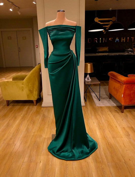 Evening Gown Reformation Amante Dress Wedding Guest Formal Evening Sweep Brush Train Long Sleeve Off Shoulder Charmeuse with Sleek Ruched simple gentle atmospheric and unique desi Bring summer colors to enhance whiteness