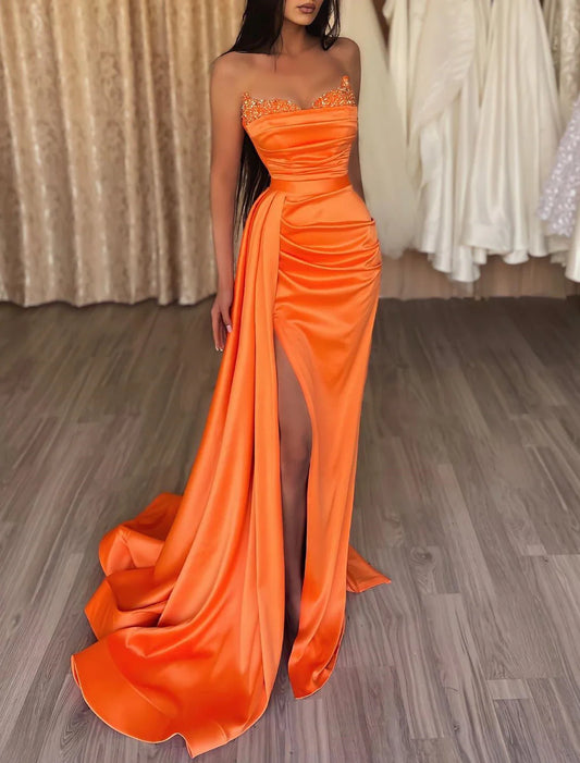 Evening Gown Sexy Dress Cocktail Party Court Train Sleeveless Strapless Bridesmaid Dress Satin with Beading Sequin simple gentle atmospheric and unique desi Bring summer colors to enhance whiteness