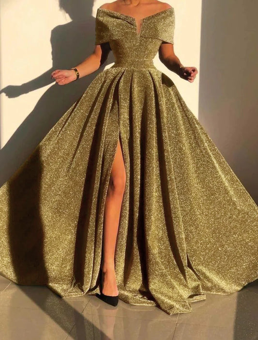 Evening Gown Sparkle & Shine Dress Formal Fall Court Train Sleeveless Off Shoulder Sequined with Sequin Slit simple gentle atmospheric and unique desi Bring summer colors to enhance whiteness