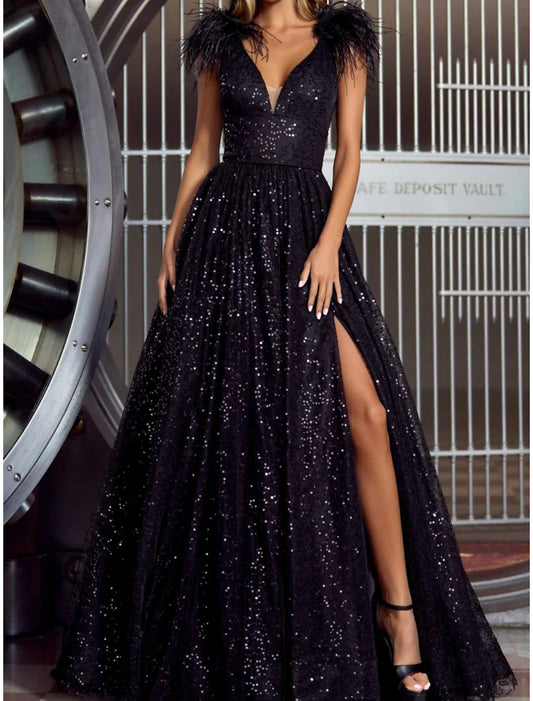 Evening Gown Sparkly Black Dress Plus Size Formal Sweep Brush Train Short Sleeve V Neck Sequined with Feather Sequin simple gentle atmospheric and unique desi Bring summer colors to enhance whiteness