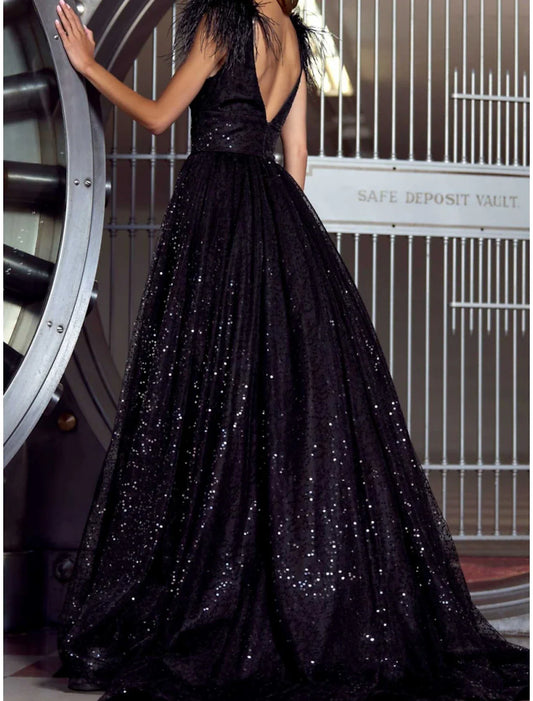 Evening Gown Sparkly Black Dress Plus Size Formal Sweep Brush Train Short Sleeve V Neck Sequined with Feather Sequin simple gentle atmospheric and unique desi Bring summer colors to enhance whiteness
