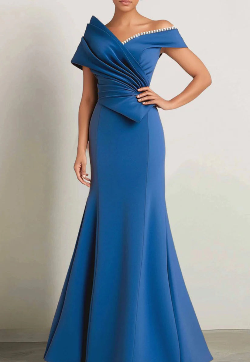 Evening Off-Shoulder Dress Pearl Trim Draped Design Dress simple gentle atmospheric and unique desi Bring summer colors to enhance whiteness