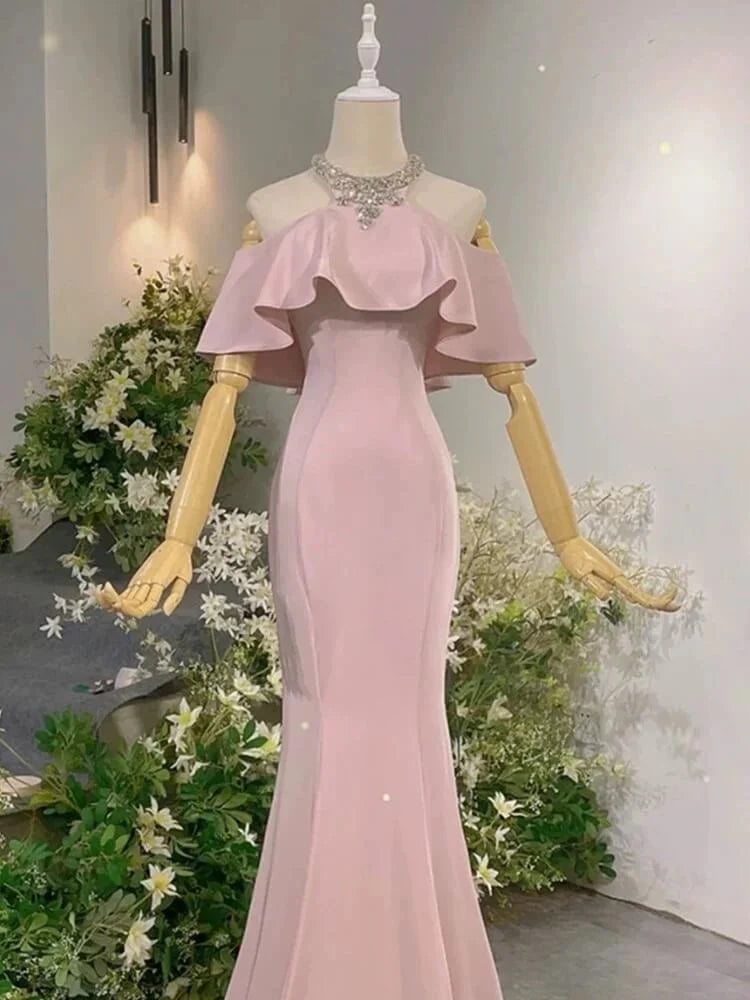 Exotic Pink Mermaid Prom Dresses for Party Events Crystal Neckline simple gentle atmospheric and unique desi Bring summer colors to enhance whiteness