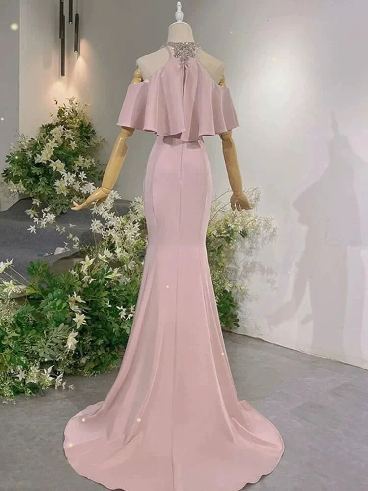 Exotic Pink Mermaid Prom Dresses for Party Events Crystal Neckline simple gentle atmospheric and unique desi Bring summer colors to enhance whiteness
