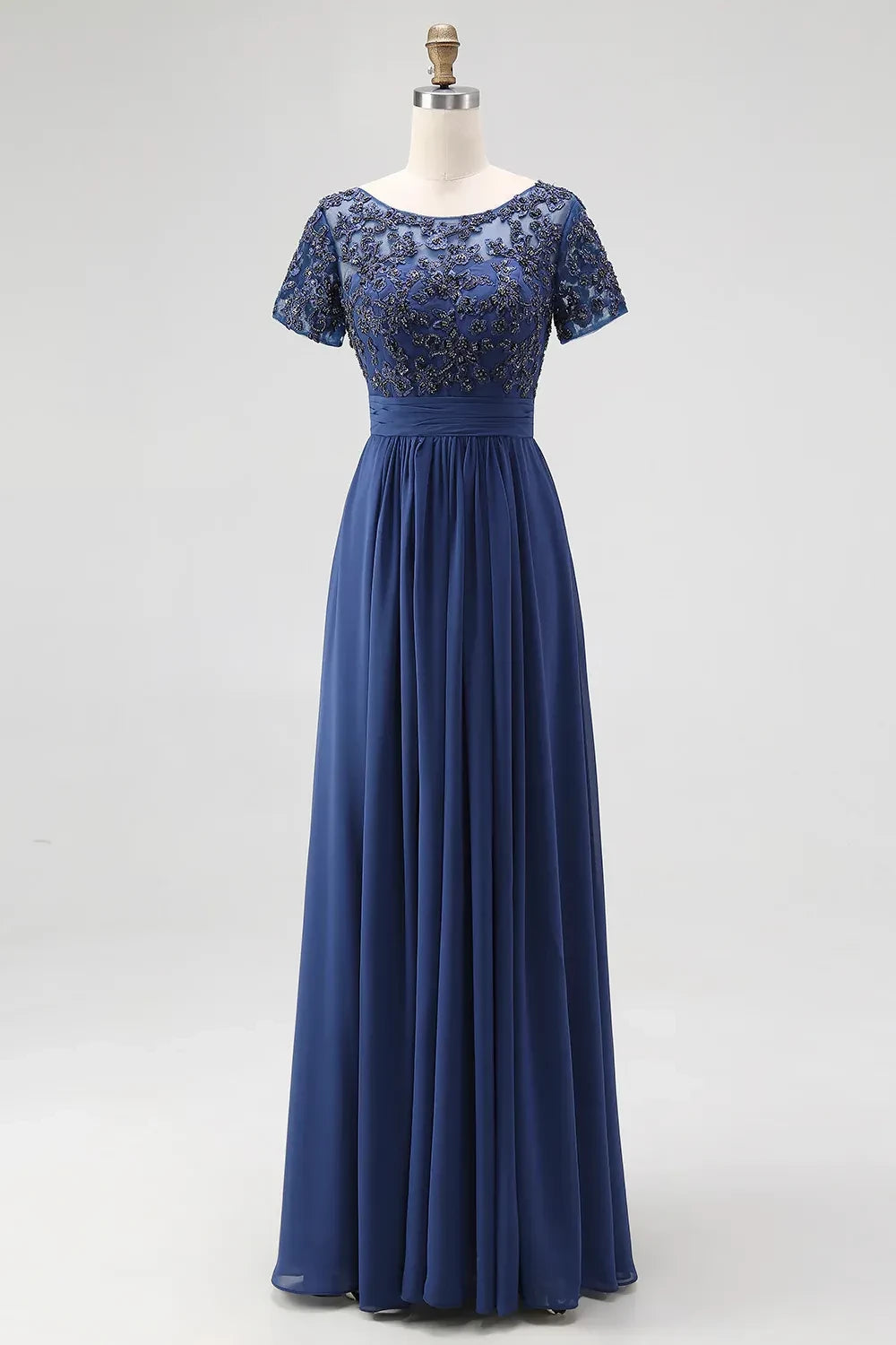 Exquisite A Line Boat Neck Short Sleeve Embroidered Back Floor Length Mother of the Bride Dress