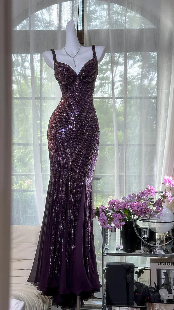 Exquisite Beaded Sequin Mermaid V Neck Chiffon Prom Dress Evening Dress Formal Dress simple gentle atmospheric and unique desi Bring summer colors to enhance whiteness