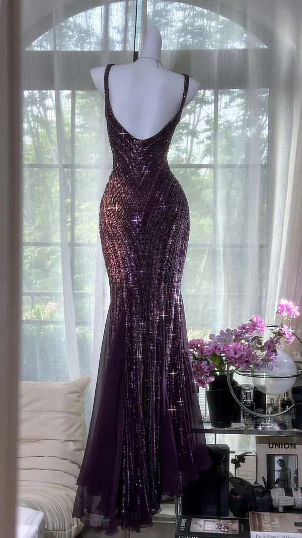 Exquisite Beaded Sequin Mermaid V Neck Chiffon Prom Dress Evening Dress Formal Dress simple gentle atmospheric and unique desi Bring summer colors to enhance whiteness