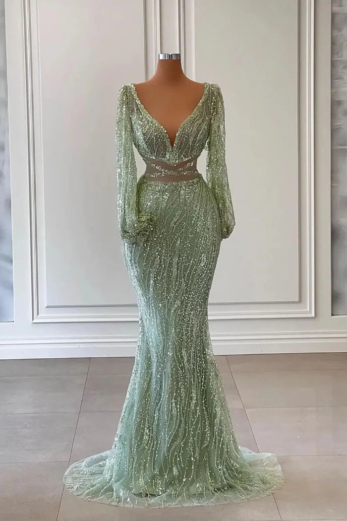 Exquisite Floor-Length V-Neck Long-Sleeved Mermaid Prom Dress Adorned with Sequins Simple gentle atmospheric and unique design