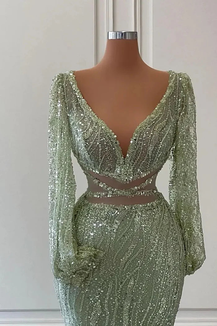 Exquisite Floor-Length V-Neck Long-Sleeved Mermaid Prom Dress Adorned with Sequins Simple gentle atmospheric and unique design