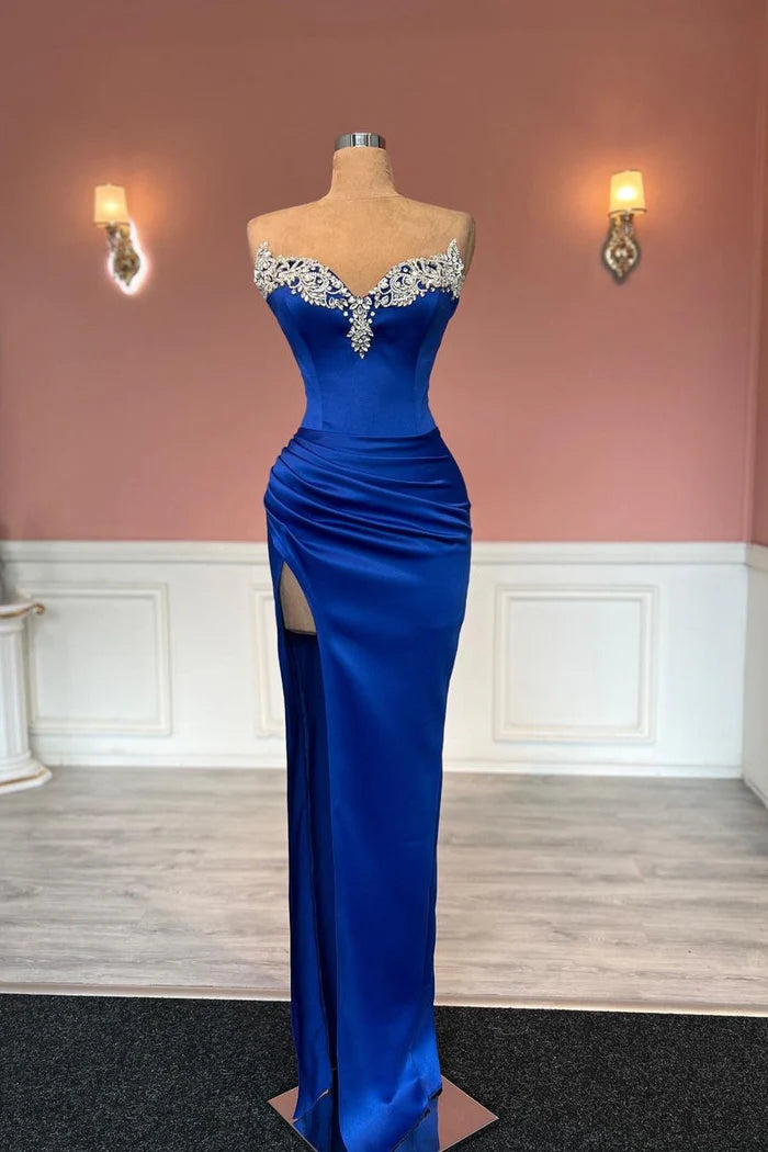 Exquisite Royal Blue Column Jewels Strapless Prom Dress With Slit Simple gentle atmospheric and unique design ﻿Exquisite Royal Blue Column Jewels Strapless Prom Dress With Slit Simple gentle atmospheric and unique design ﻿