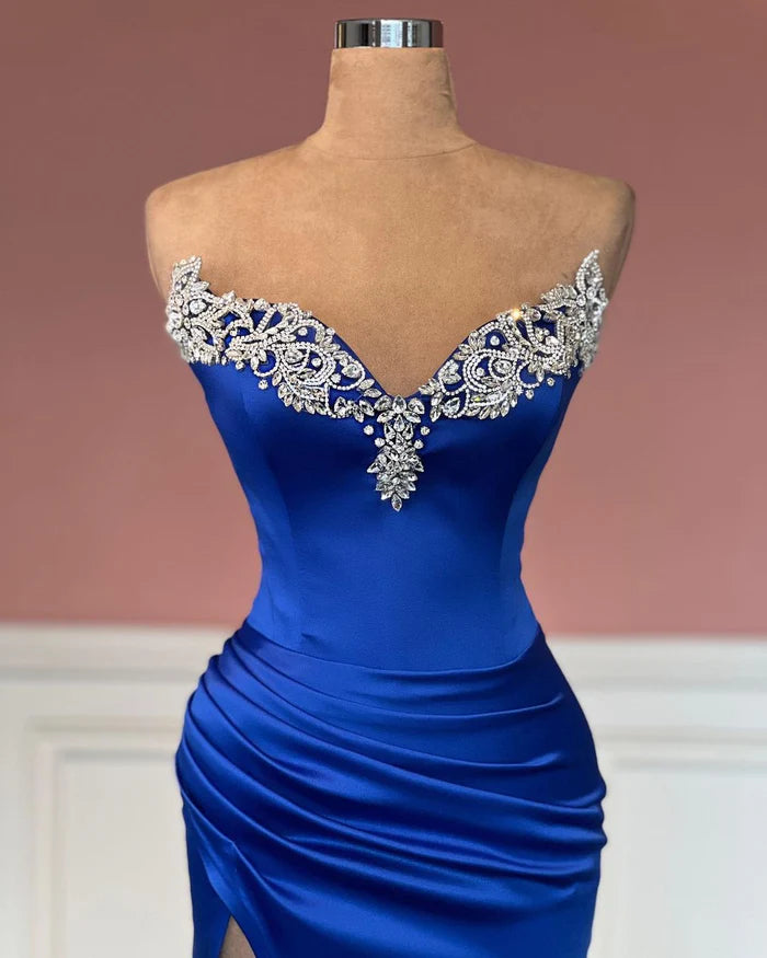 Exquisite Royal Blue Column Jewels Strapless Prom Dress With Slit Simple gentle atmospheric and unique design ﻿Exquisite Royal Blue Column Jewels Strapless Prom Dress With Slit Simple gentle atmospheric and unique design ﻿