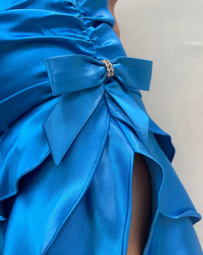 Eye - catching Blue Halter Asymmetrical Ruffle Dress