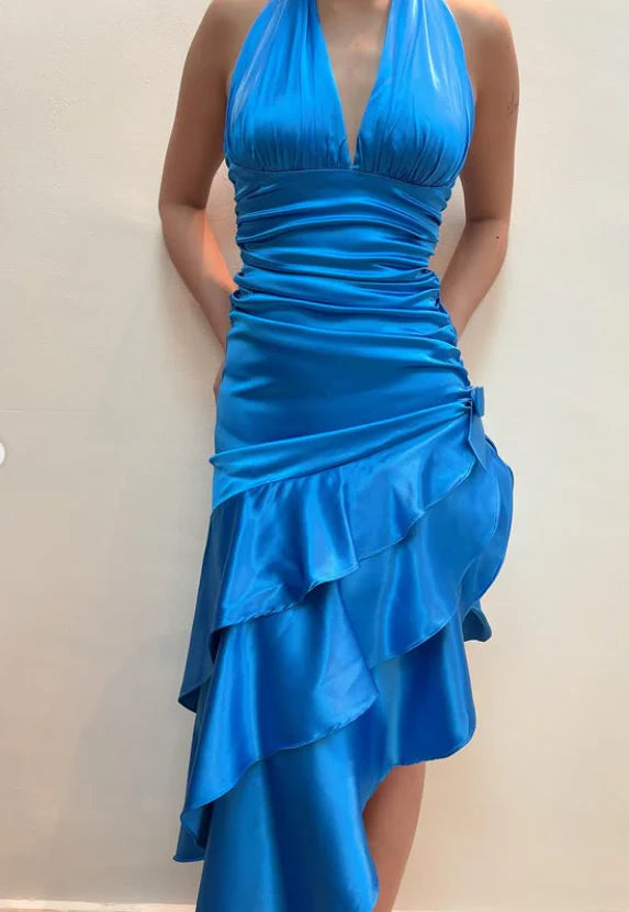 Eye - catching Blue Halter Asymmetrical Ruffle Dress