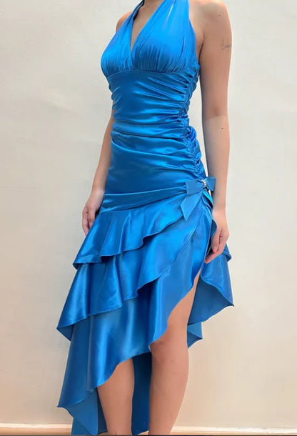 Eye - catching Blue Halter Asymmetrical Ruffle Dress